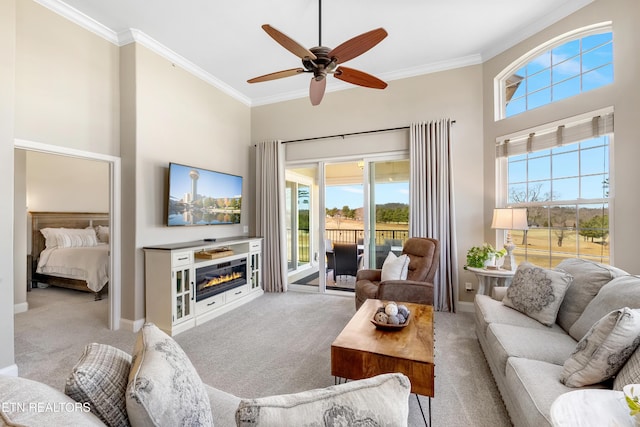 carpeted living area featuring a towering ceiling, baseboards, crown molding, and a glass covered fireplace