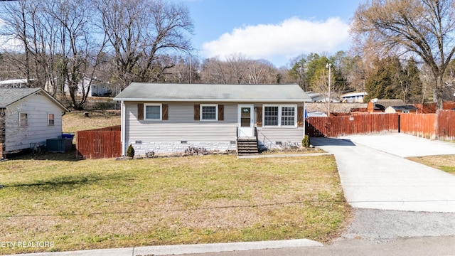 view of front of house with entry steps, central air condition unit, fence, crawl space, and a front yard