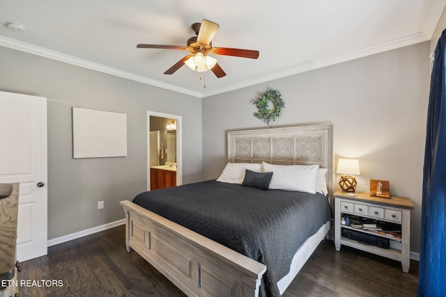 bedroom with dark wood-type flooring, crown molding, baseboards, and ceiling fan