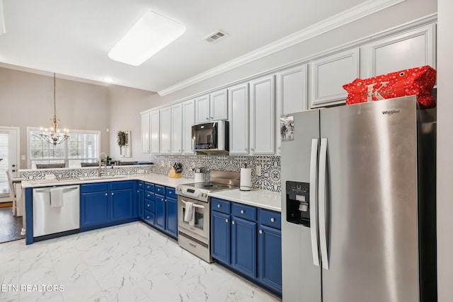 kitchen with blue cabinetry, a sink, decorative backsplash, appliances with stainless steel finishes, and marble finish floor