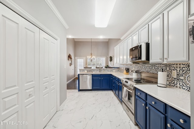 kitchen with blue cabinetry, stainless steel appliances, marble finish floor, and a sink