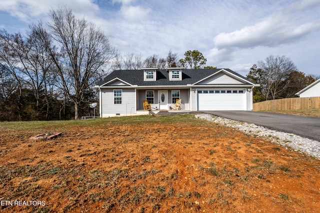 view of front of property with an attached garage, a shingled roof, fence, driveway, and crawl space