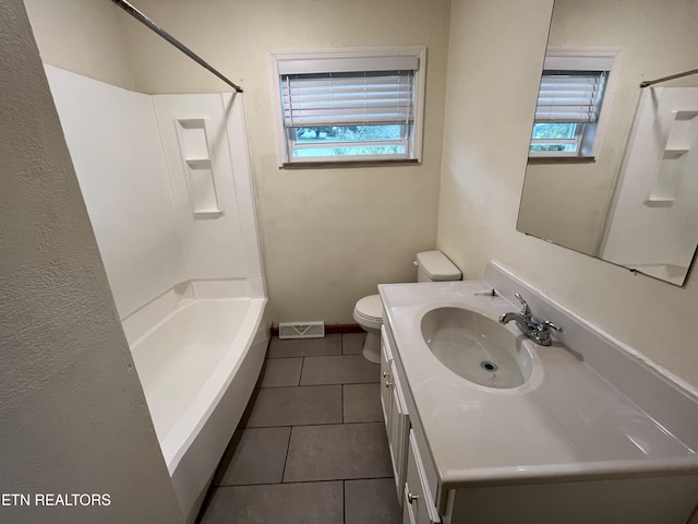 bathroom with shower / tub combination, toilet, tile patterned flooring, vanity, and visible vents