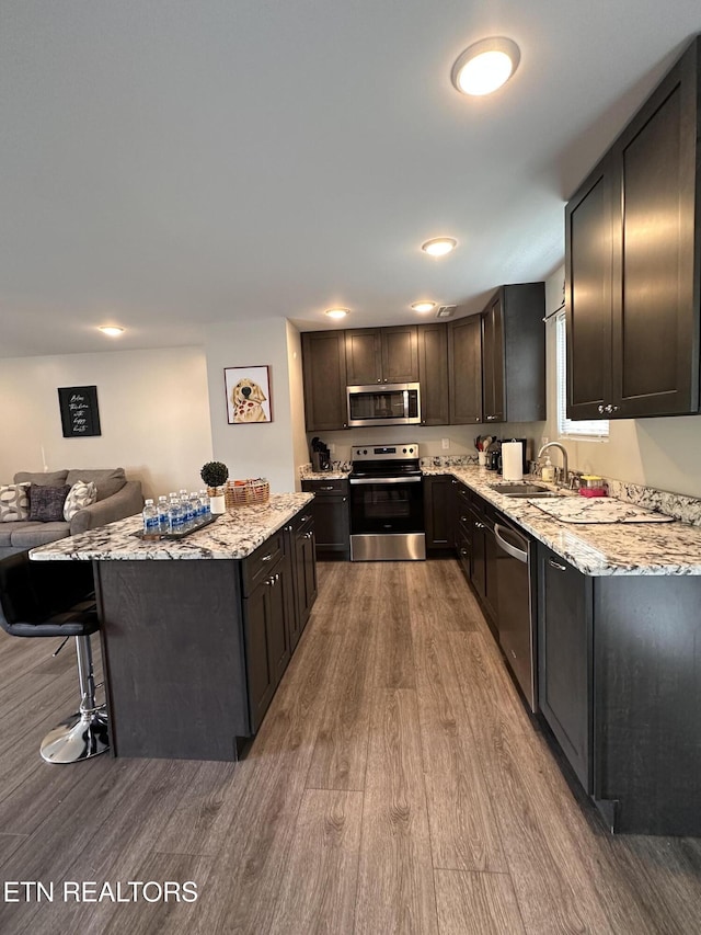 kitchen featuring stainless steel appliances, a sink, light stone counters, and wood finished floors