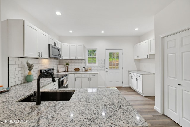 kitchen featuring stainless steel appliances, a sink, light stone counters, and decorative backsplash