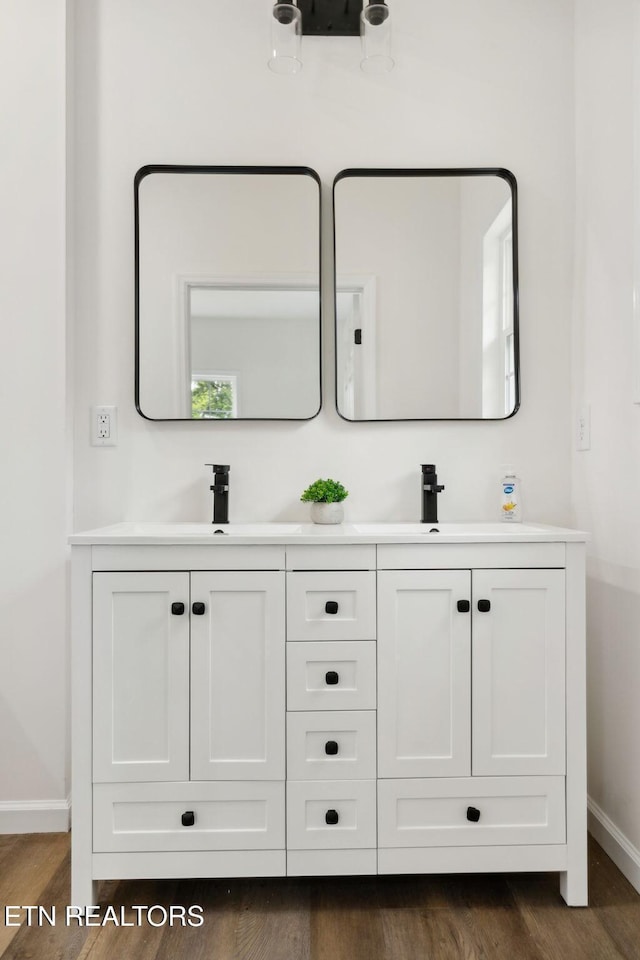 interior space featuring double vanity, baseboards, a sink, and wood finished floors