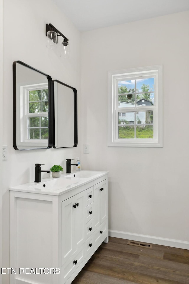 bathroom with double vanity, a healthy amount of sunlight, wood finished floors, and baseboards