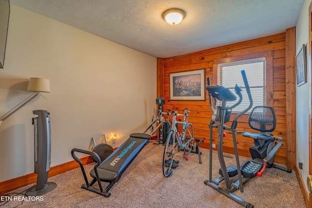 exercise area featuring a textured ceiling, wood walls, carpet, and baseboards