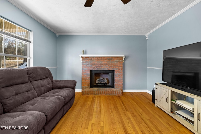 living area featuring light wood finished floors, baseboards, and ornamental molding