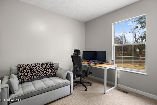 office space with carpet, visible vents, plenty of natural light, and baseboards