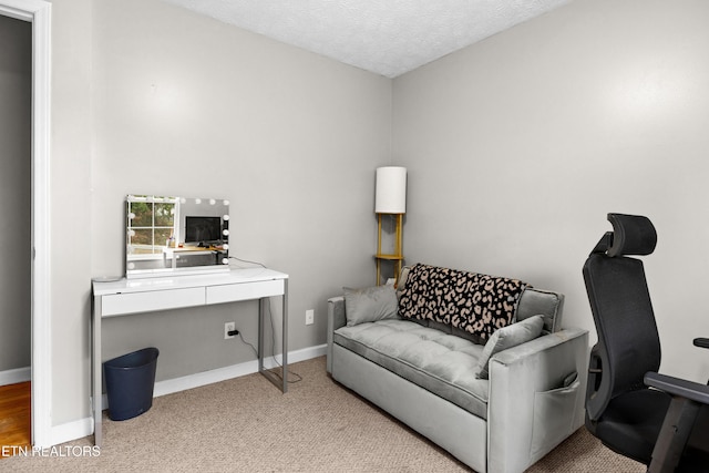 office featuring carpet, a textured ceiling, and baseboards