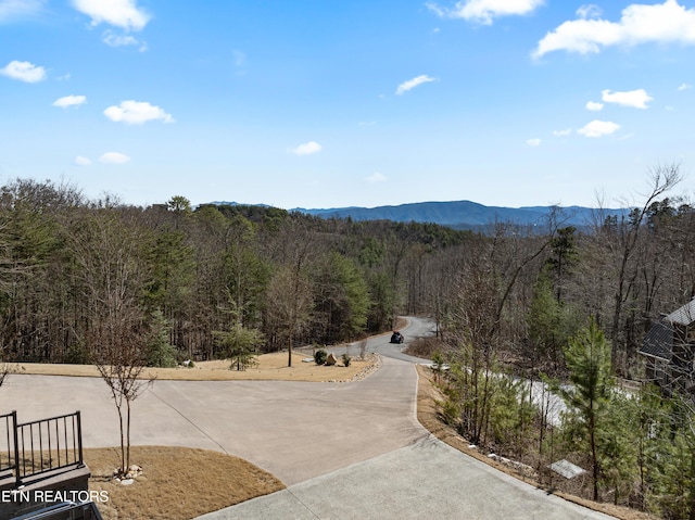 property view of mountains featuring a wooded view