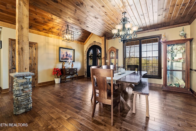 dining room with a chandelier, dark wood finished floors, wooden ceiling, and vaulted ceiling