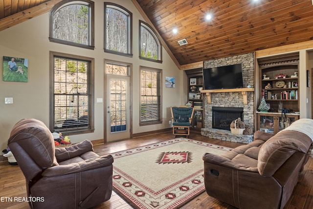 living area featuring high vaulted ceiling, wooden ceiling, hardwood / wood-style flooring, a fireplace, and visible vents