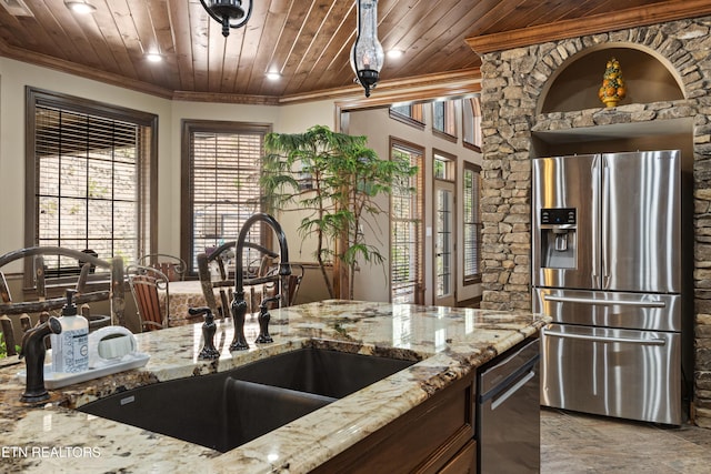 kitchen with wood ceiling, ornamental molding, stainless steel refrigerator with ice dispenser, and a sink