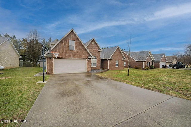 traditional-style home with driveway, brick siding, a front lawn, and a residential view