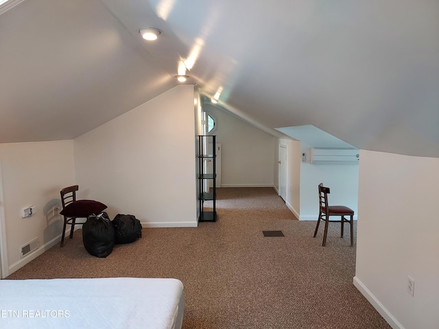 carpeted bedroom with lofted ceiling, an AC wall unit, visible vents, and baseboards