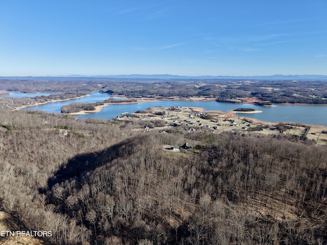 drone / aerial view featuring a water view and a forest view