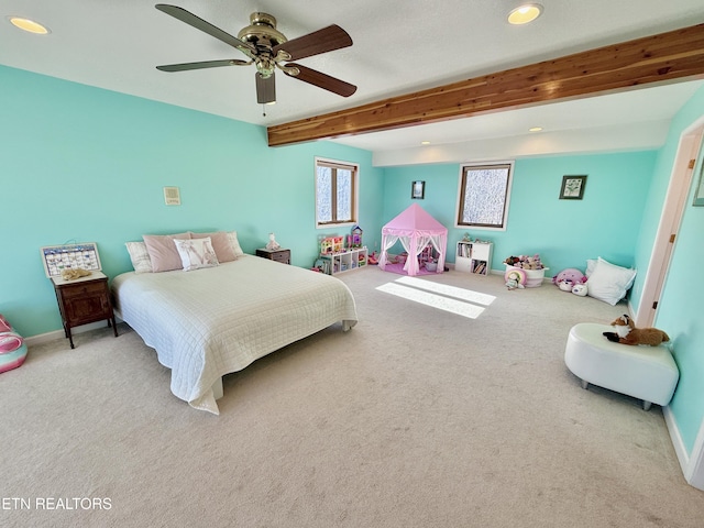 carpeted bedroom with recessed lighting, beam ceiling, ceiling fan, and baseboards