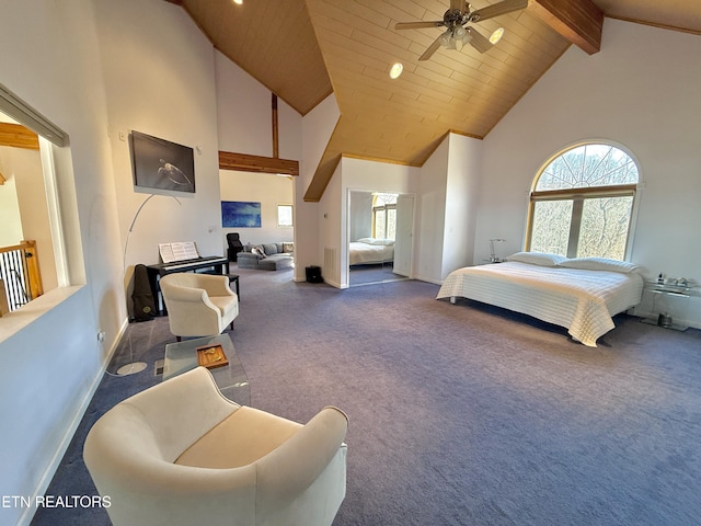 carpeted bedroom with high vaulted ceiling, beam ceiling, and baseboards