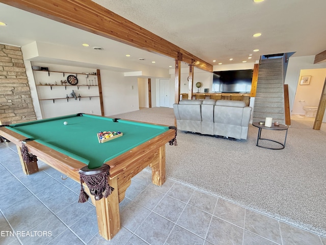 playroom featuring tile patterned flooring, recessed lighting, billiards, beamed ceiling, and carpet