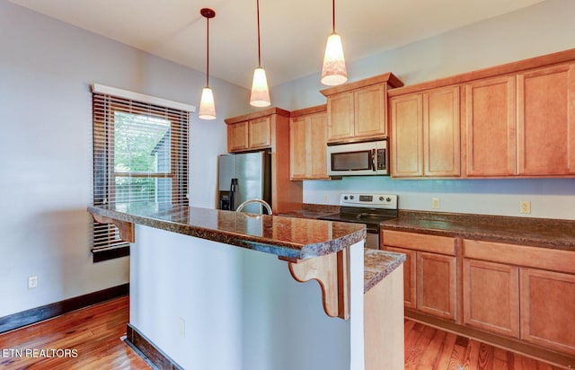 kitchen with light wood finished floors, appliances with stainless steel finishes, pendant lighting, and a kitchen island with sink