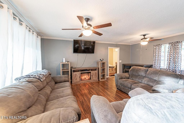 living area with ceiling fan, wood finished floors, a textured ceiling, crown molding, and a fireplace