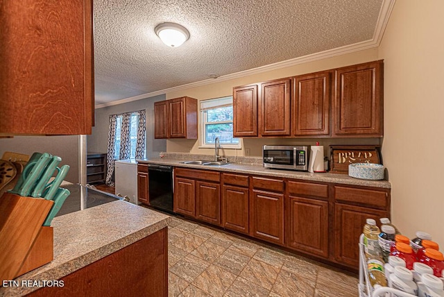 kitchen with dishwasher, ornamental molding, stainless steel microwave, and a sink