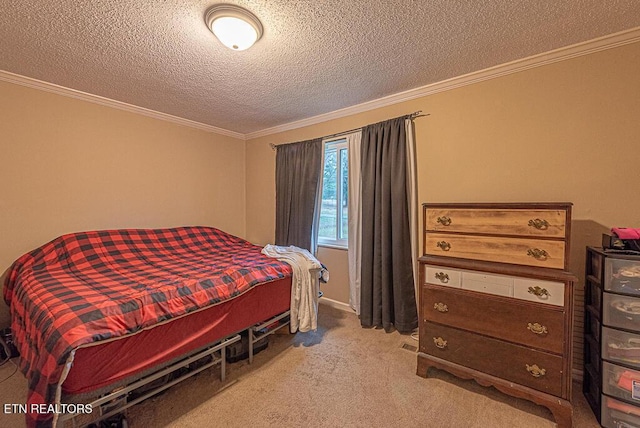 carpeted bedroom featuring a textured ceiling and crown molding