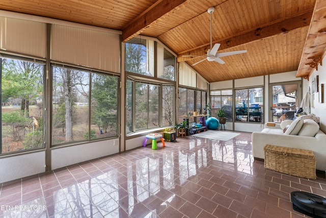 sunroom / solarium featuring ceiling fan, wooden ceiling, and vaulted ceiling with beams