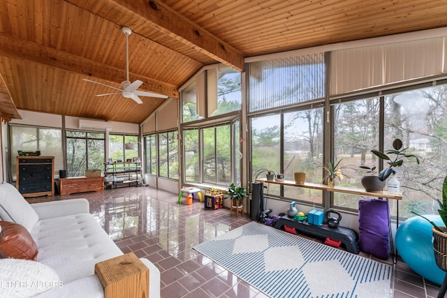 sunroom / solarium with vaulted ceiling with beams, an AC wall unit, wooden ceiling, and a ceiling fan