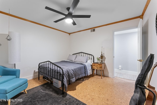 bedroom with baseboards, ceiling fan, visible vents, and crown molding