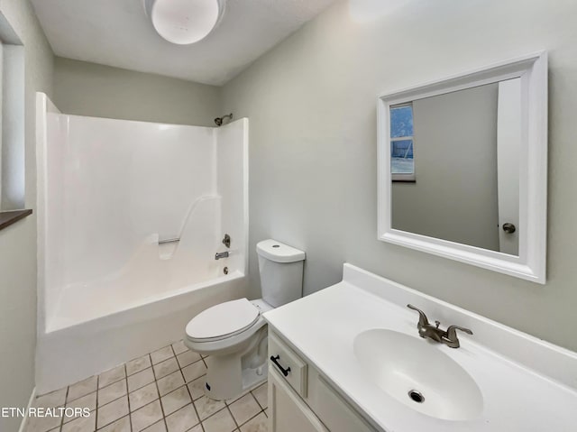 full bath featuring bathtub / shower combination, vanity, toilet, and tile patterned floors