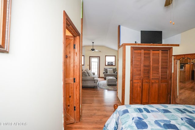 1435 Old Chisholm Trl, Dandridge, TN 37725 - bedroom featuring lofted ceiling, wood finished floors, ceiling fan, and a closet