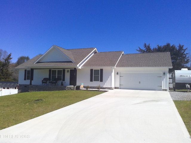 single story home featuring roof with shingles, a porch, an attached garage, a front lawn, and concrete driveway