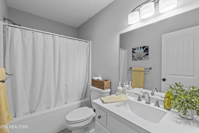 full bathroom with vanity, toilet, and shower / bathtub combination with curtain