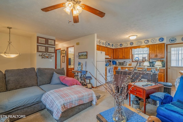 living area featuring light carpet, a textured ceiling, ceiling fan, and a toaster