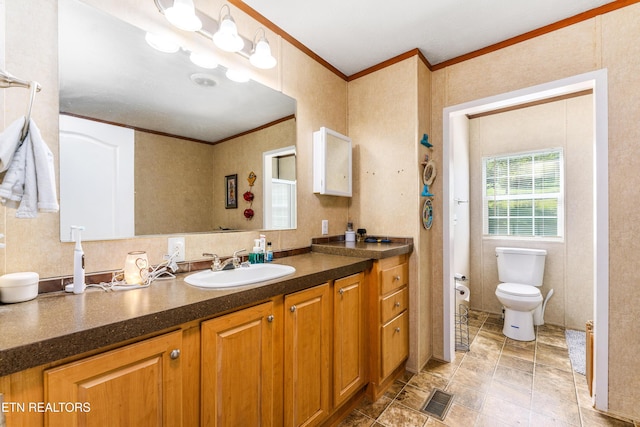 344 Johnson Farm Rd, Maynardville, TN 37807 - bathroom featuring vanity, toilet, tile patterned floors, visible vents, and ornamental molding