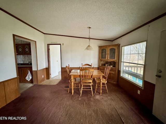 dining room featuring a wainscoted wall, crown molding, wooden walls, and a textured ceiling