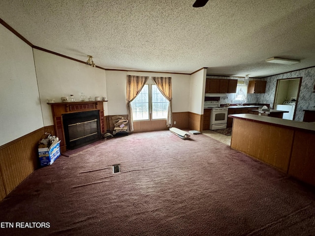 carpeted living room featuring a wainscoted wall, plenty of natural light, and a glass covered fireplace