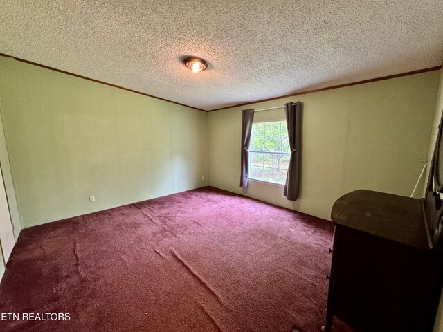 carpeted empty room featuring a textured ceiling and ornamental molding