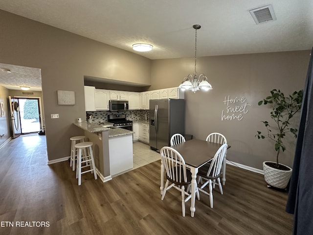 kitchen with visible vents, decorative backsplash, white cabinets, a peninsula, and stainless steel appliances