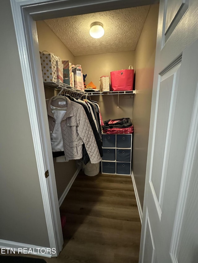 walk in closet with wood finished floors