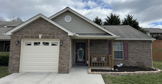 ranch-style house featuring driveway, brick siding, and an attached garage