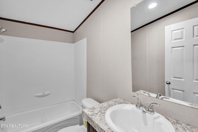 full bathroom featuring shower / bathtub combination, ornamental molding, vanity, and toilet