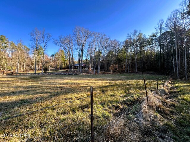 view of yard featuring fence and a forest view