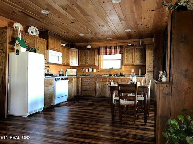 kitchen with dark wood-style floors, brown cabinets, white appliances, and wooden ceiling