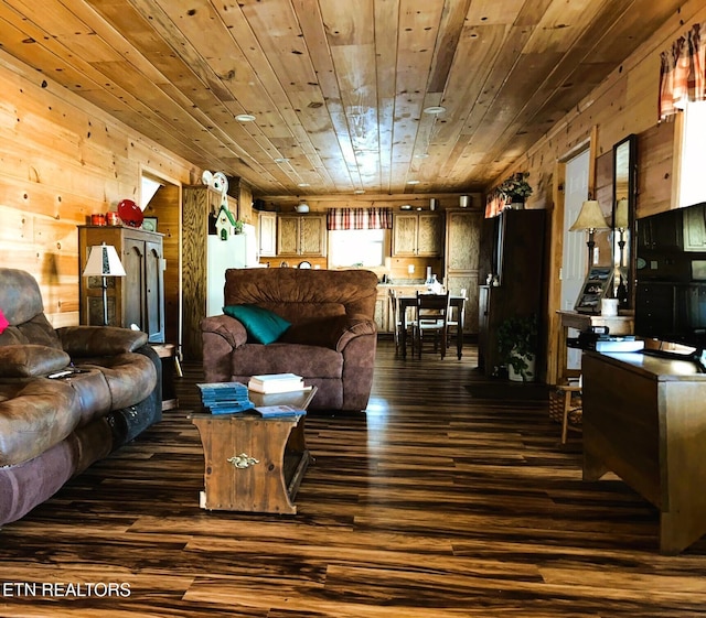 living room with wood ceiling, dark wood finished floors, and wood walls