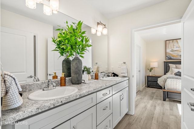 full bathroom with a sink, wood finished floors, and double vanity