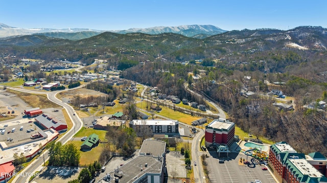 drone / aerial view featuring a mountain view